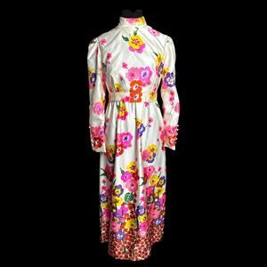Vintage 60s I Magnin Floral Satin Maxi Dress Gown Psychedelic Flower Power S